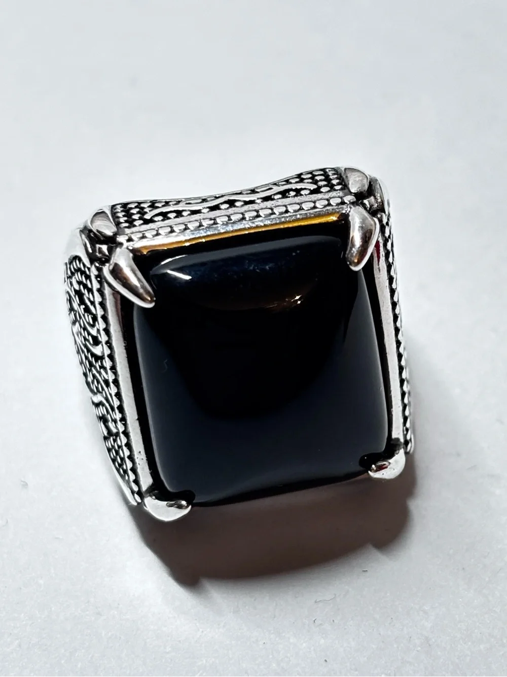 925 Sterling Silver Hefty Black Stone Vintage Adjustable Ring 9-12